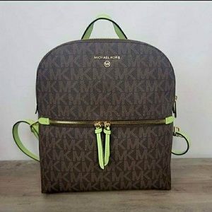 Michael Kors Dallas Med. Slim Backpack in Monogrammed Brown/Aloe  *RARE*  [BNWT]